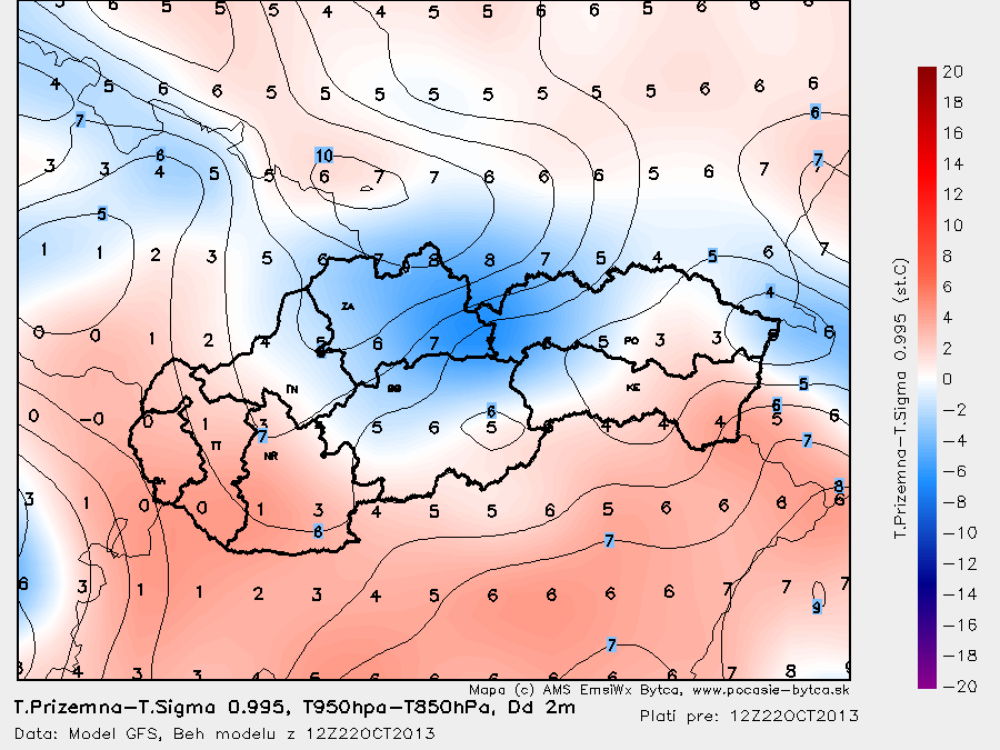 Mapa - Rozdiel prízemnej teploty a teploty v hladine Sigma 0.995, stredný vertikálny gradient 950-850hPa, rozdiel teploty a rosného bodu (DEW POINT DEPRESSION) 2m
