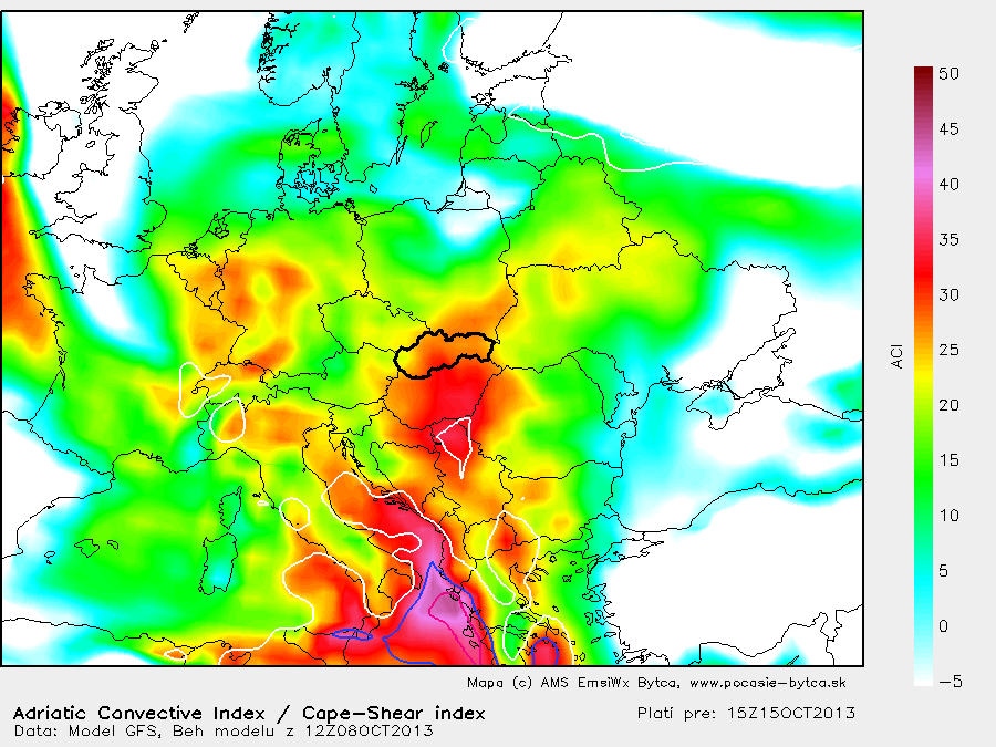 Mapa - Adriatic convective index a CAPE-SHEAR index
