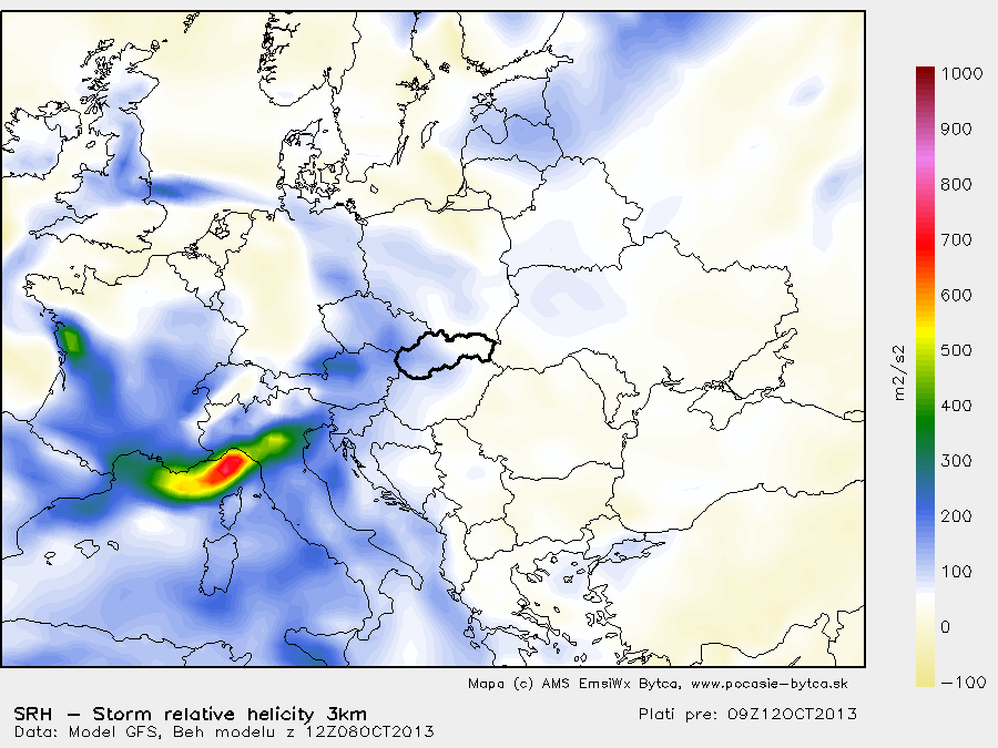 Mapa - Storm relative helicity (SRH) 0-3km